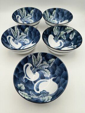 Set Of 5 Porcelain Bowls With Blue Turnip Design For Soup / Rice / Sides